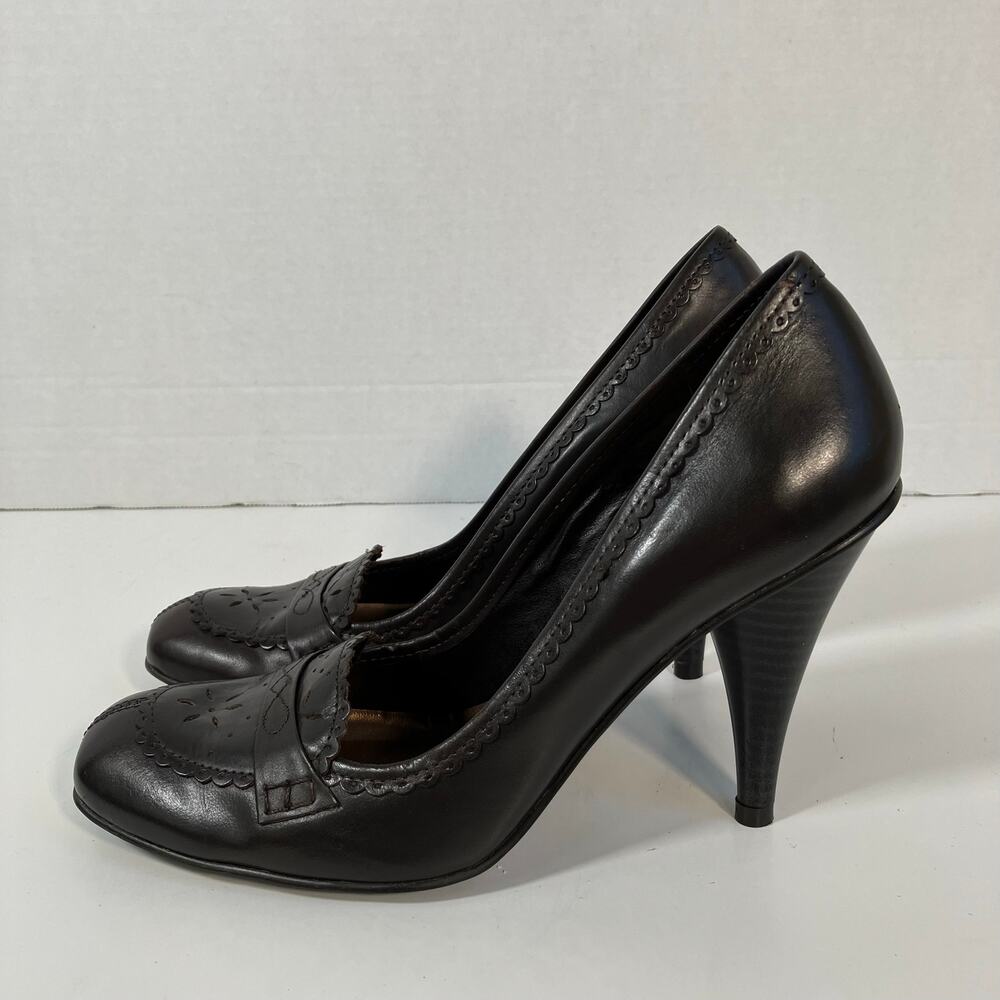 BCBG Sz 7.5 Vtg Y2K Square Toe Heels Dark Brown Embossed Leather Dressy